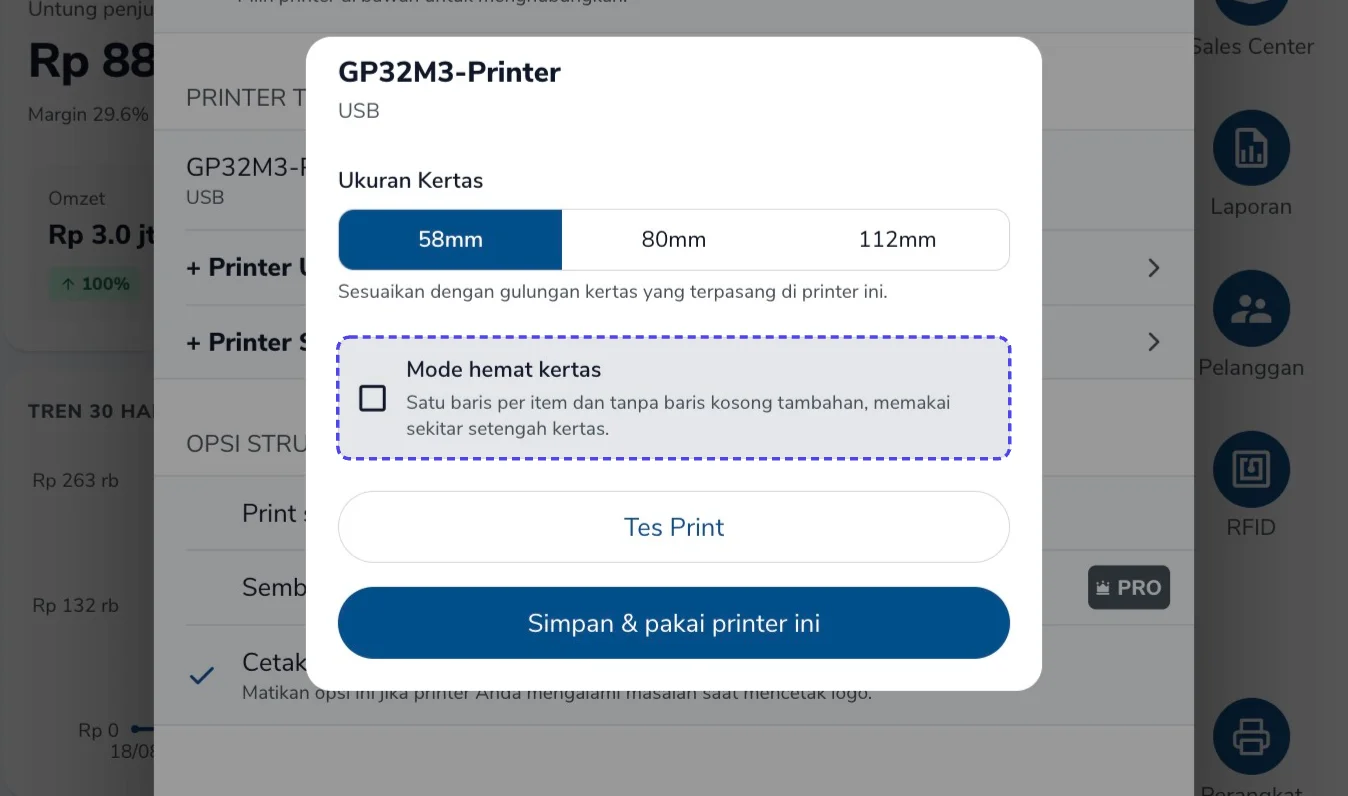 Opsi Mode hemat kertas disorot