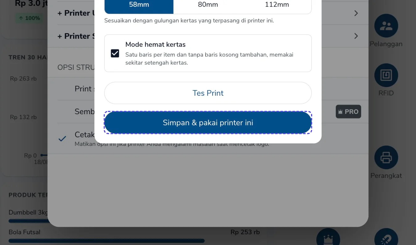 Tombol Simpan & pakai printer ini disorot