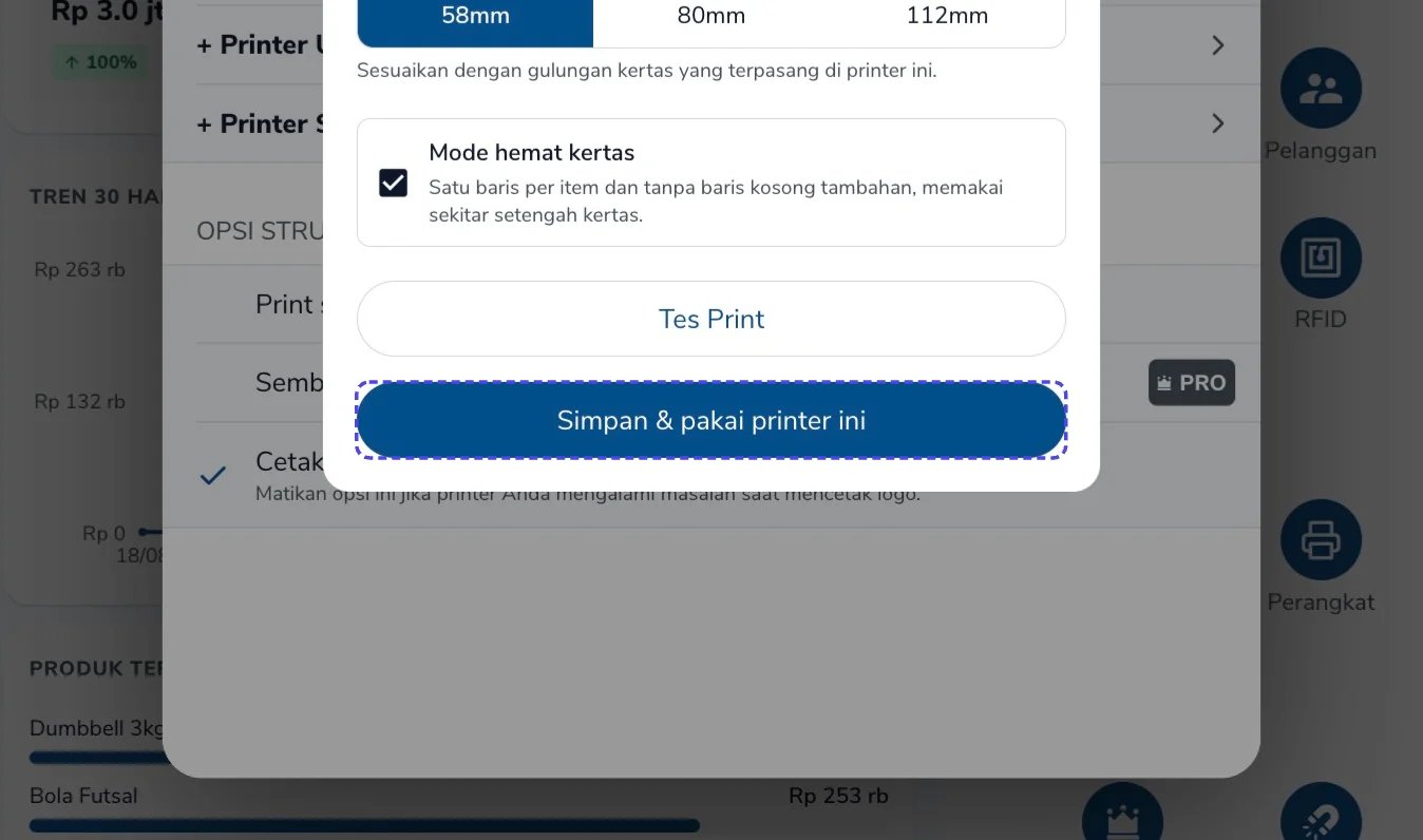 Tombol Simpan & pakai printer ini disorot