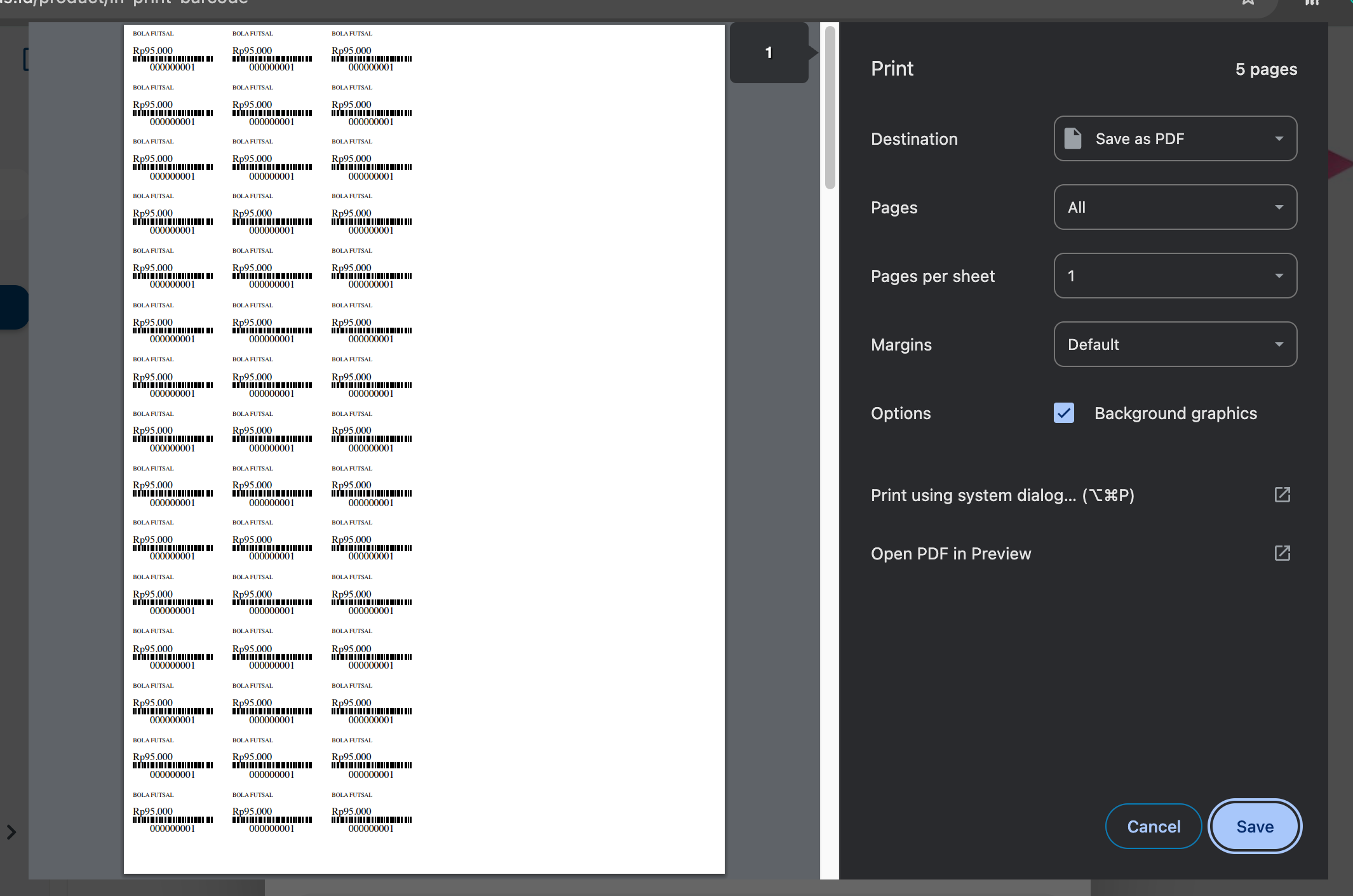 Preview cetak barcode