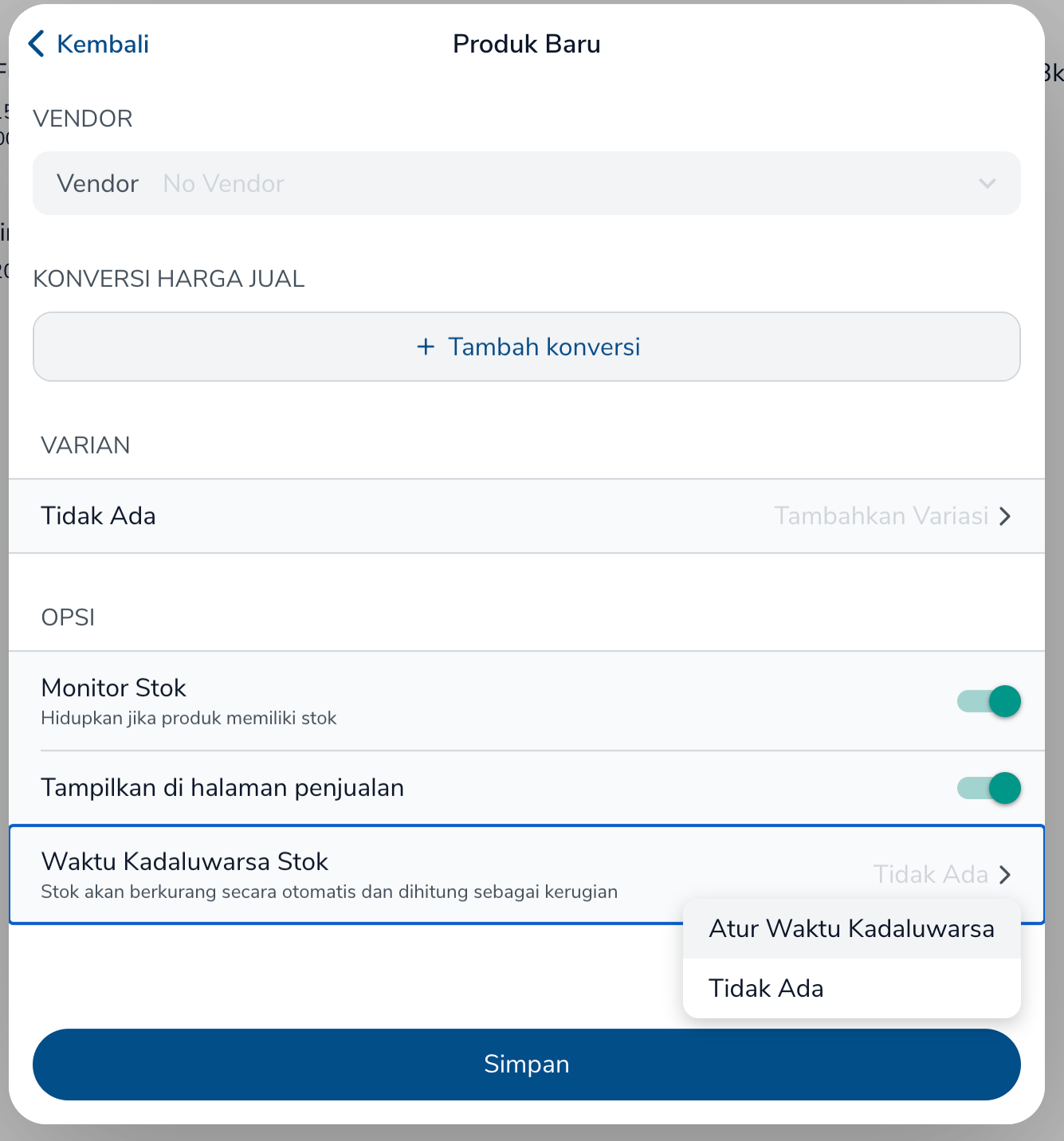 Opsi Waktu Kadaluwarsa Stok pada form produk