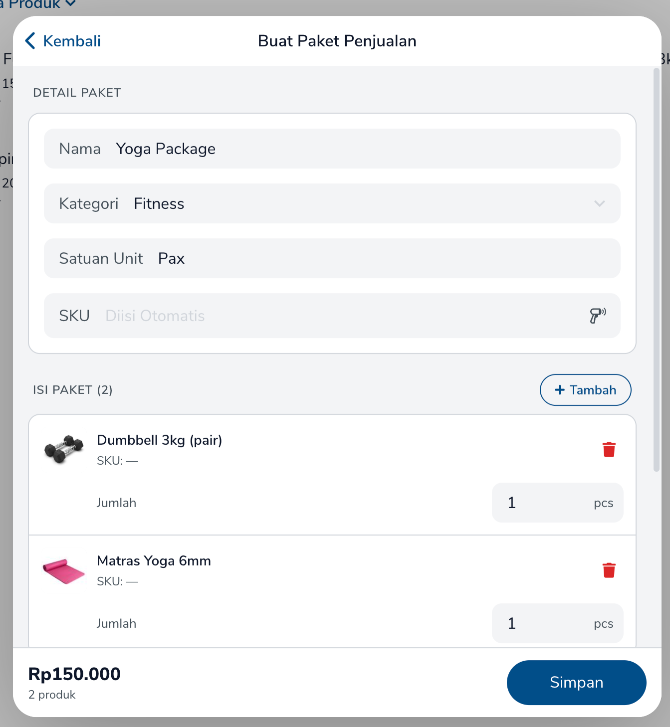 Isi Paket pada form Buat Paket Penjualan