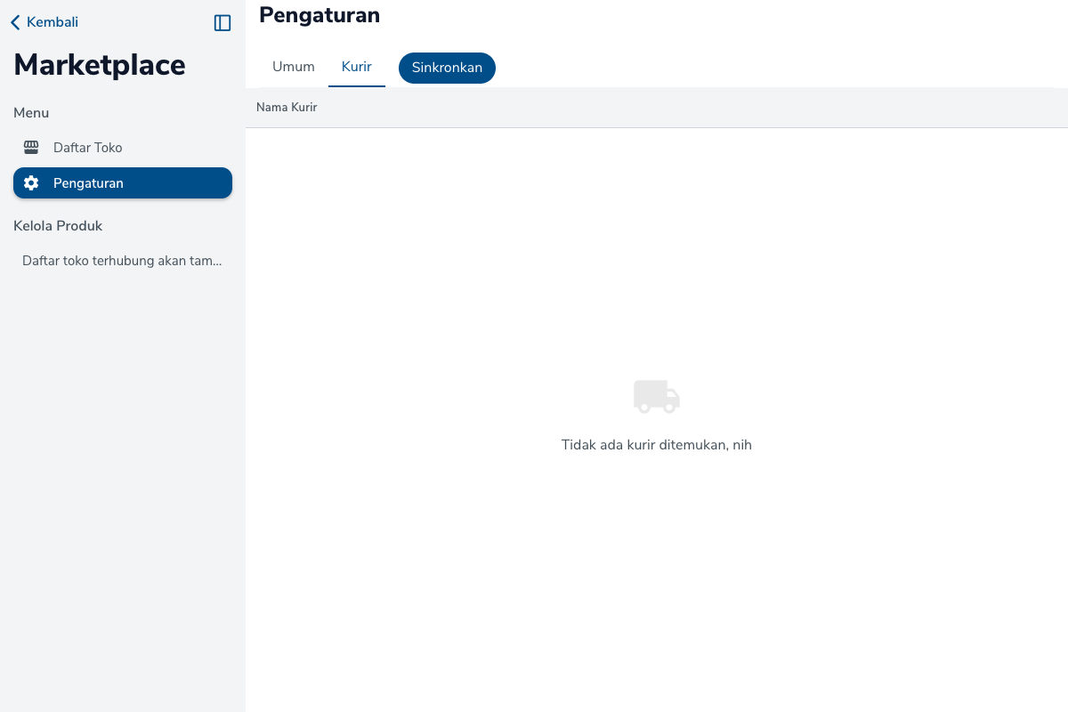 Tab Kurir dengan tombol Sinkronkan dan daftar kurir kosong