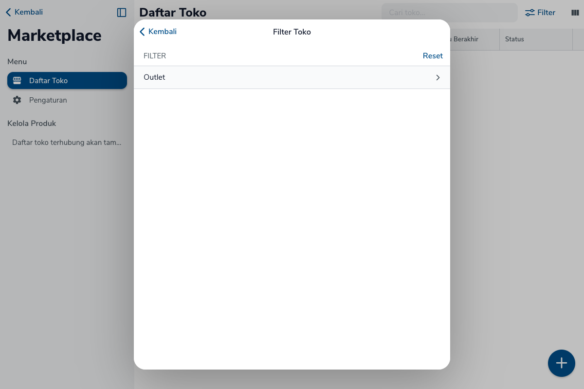 Filter Toko dengan bagian FILTER, Reset, dan baris Outlet