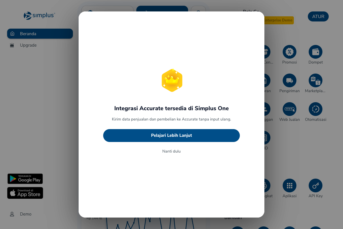 Pesan Integrasi Accurate tersedia di Simplus One dengan Pelajari Lebih Lanjut dan Nanti dulu