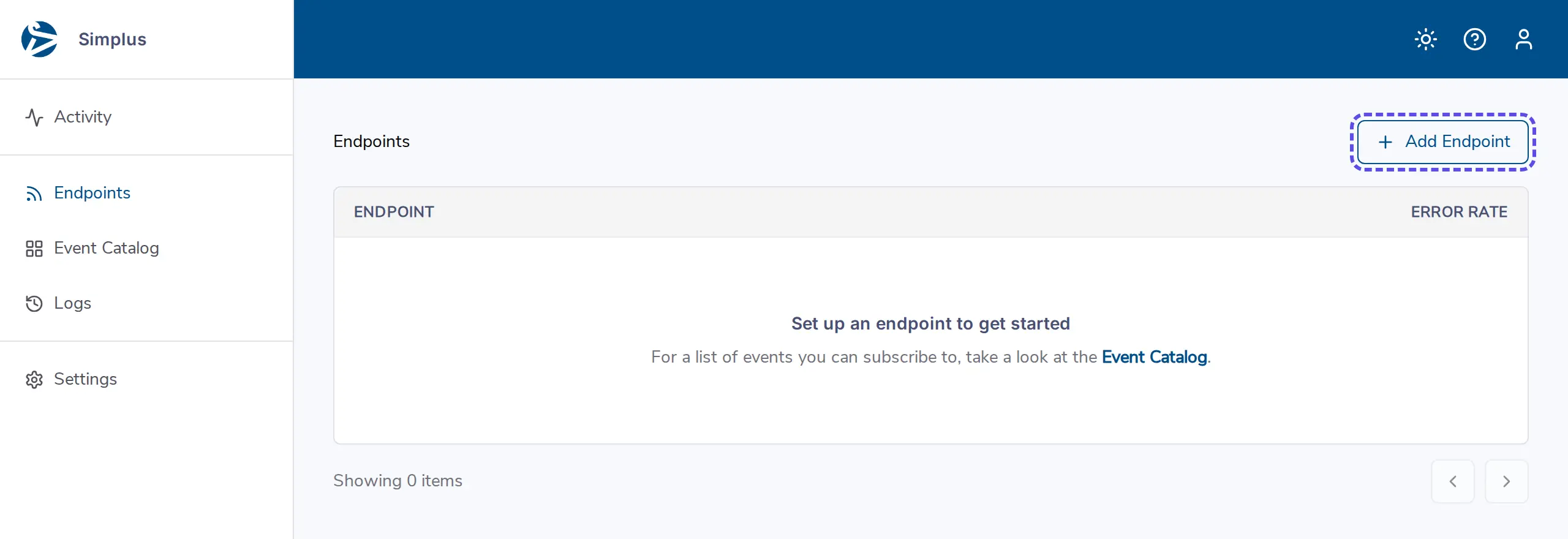 Tombol Add Endpoint di halaman Endpoints portal webhook
