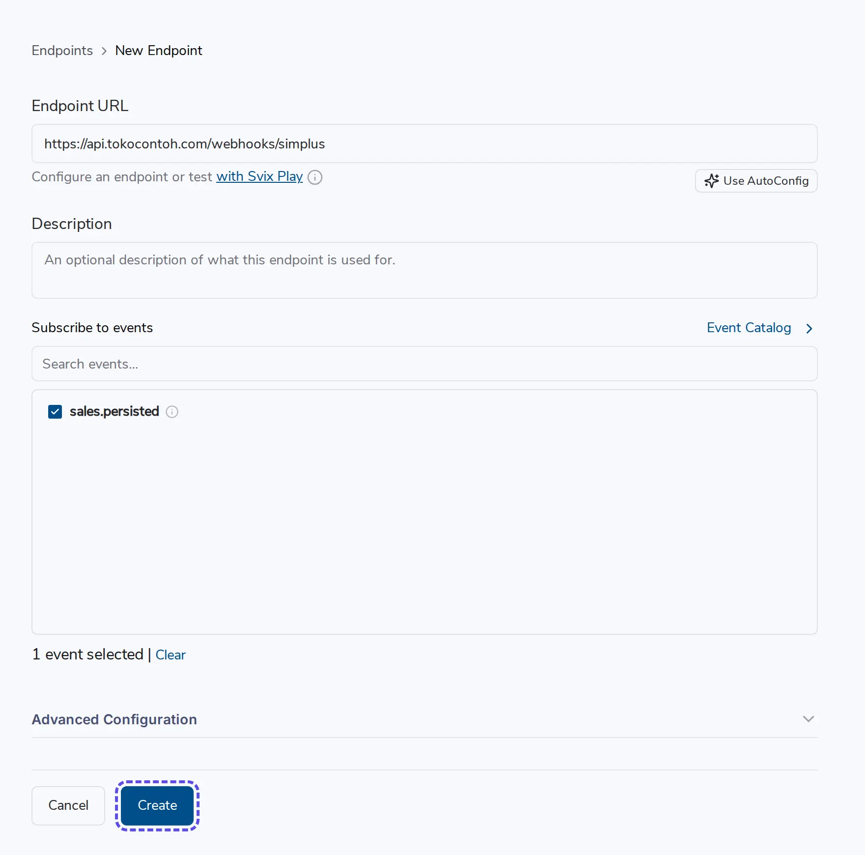 Form New Endpoint dengan Endpoint URL terisi, event sales.persisted dicentang, dan tombol Create