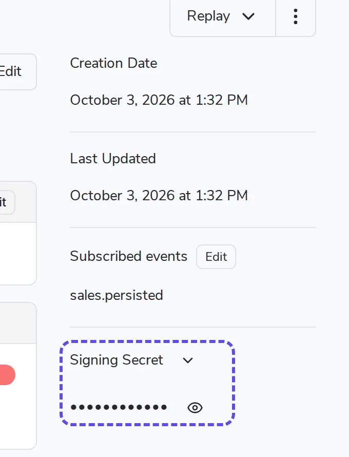 Bagian Signing Secret yang masih tersembunyi di halaman detail endpoint