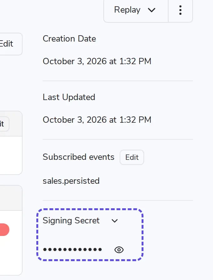 Bagian Signing Secret yang masih tersembunyi di halaman detail endpoint