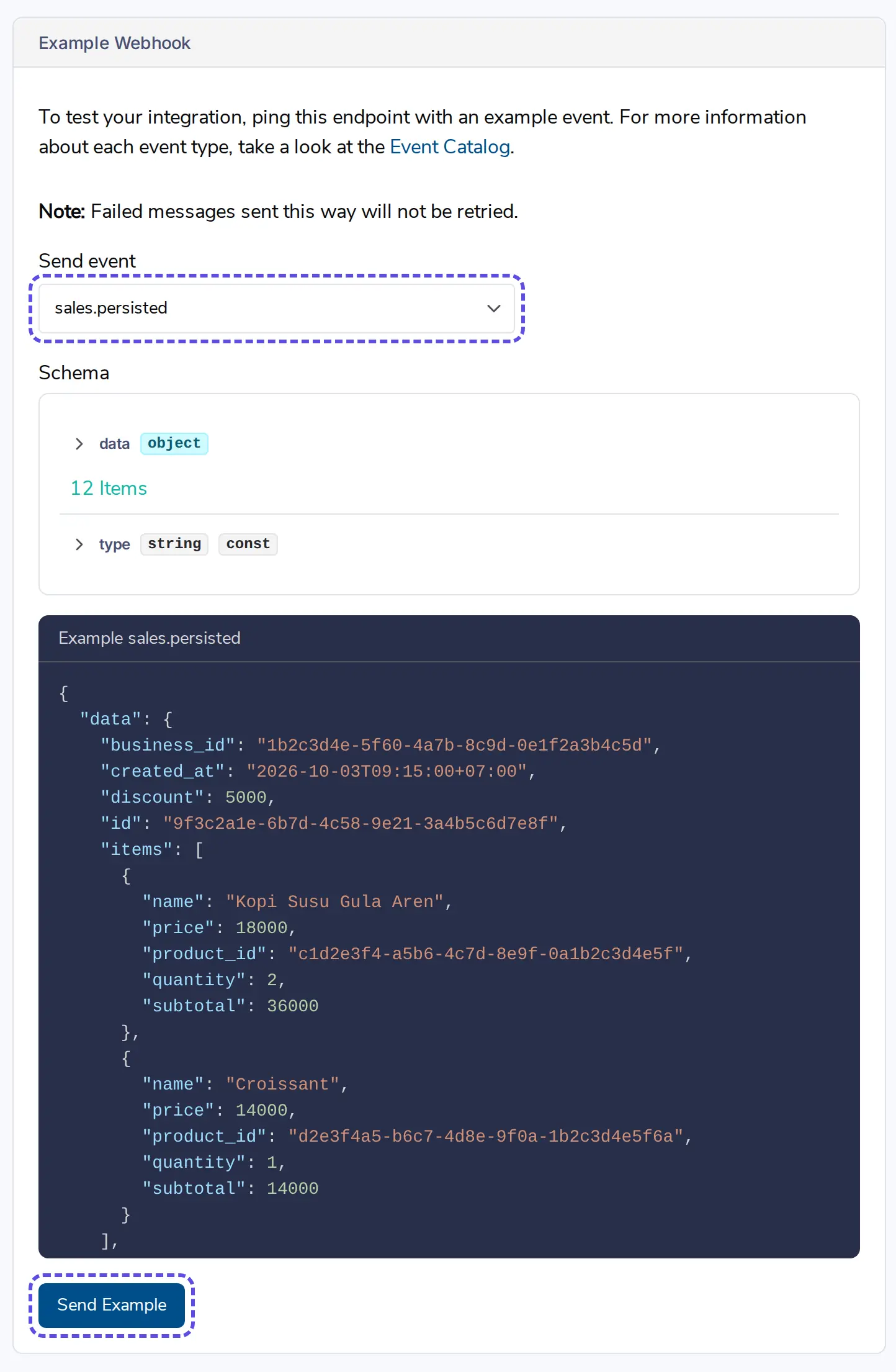 Tab Testing dengan event sales.persisted dipilih dan tombol Send Example