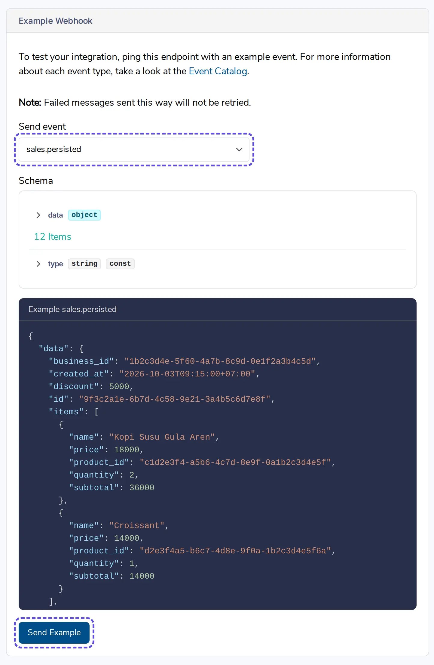 Tab Testing dengan event sales.persisted dipilih dan tombol Send Example