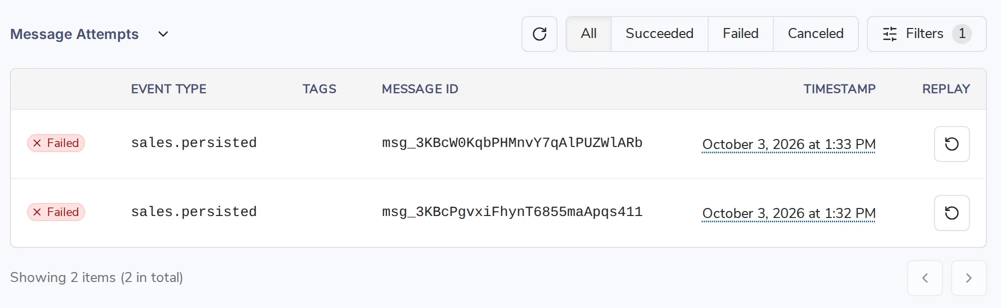 Daftar Message Attempts dengan status Failed untuk event sales.persisted
