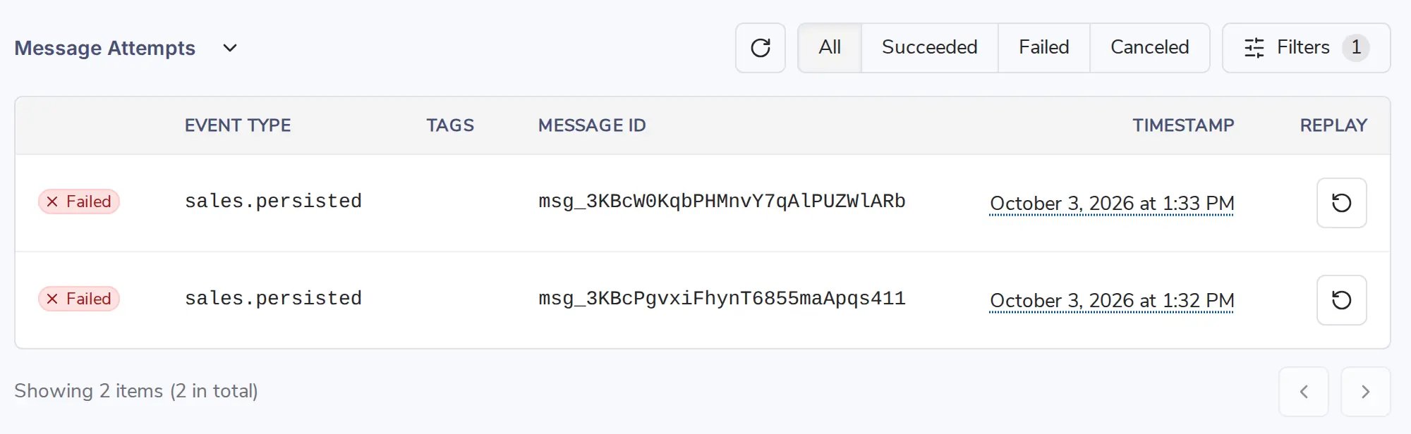 Daftar Message Attempts dengan status Failed untuk event sales.persisted