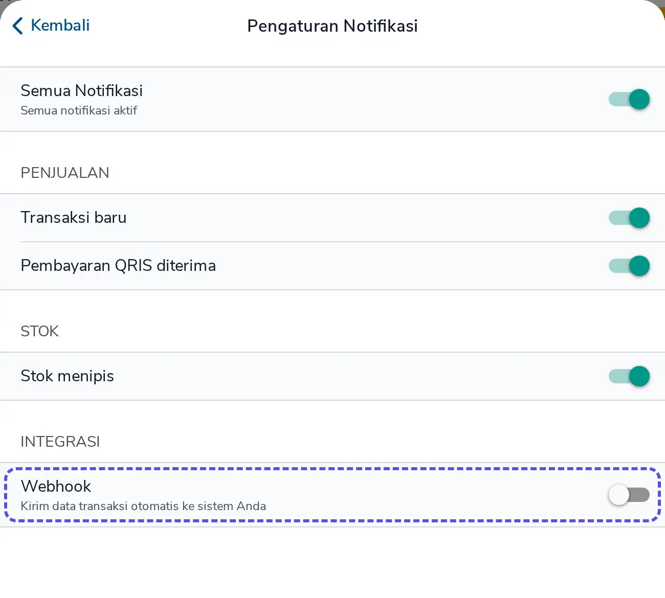 Toggle Webhook yang masih nonaktif di bagian Integrasi