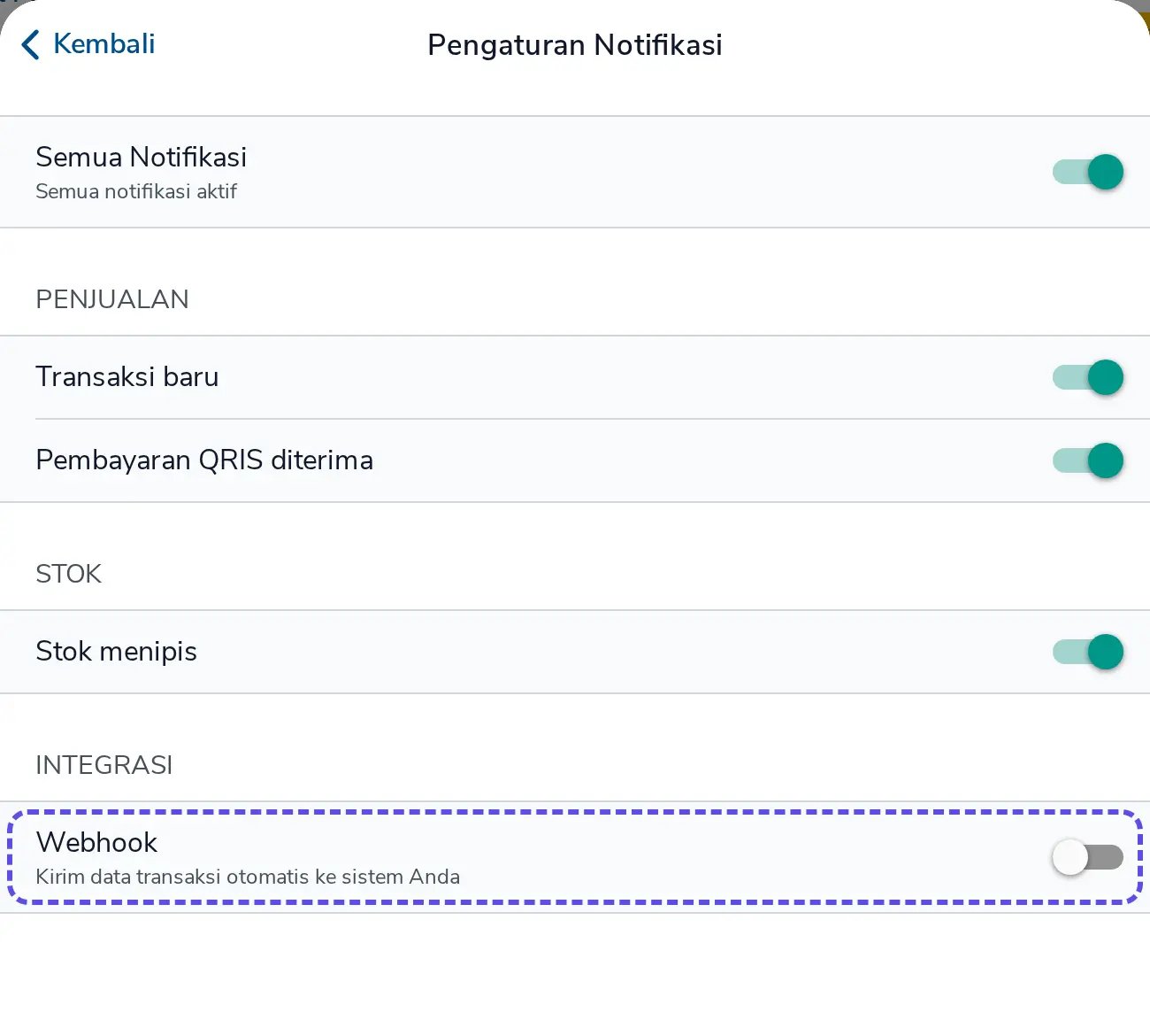 Toggle Webhook yang masih nonaktif di bagian Integrasi
