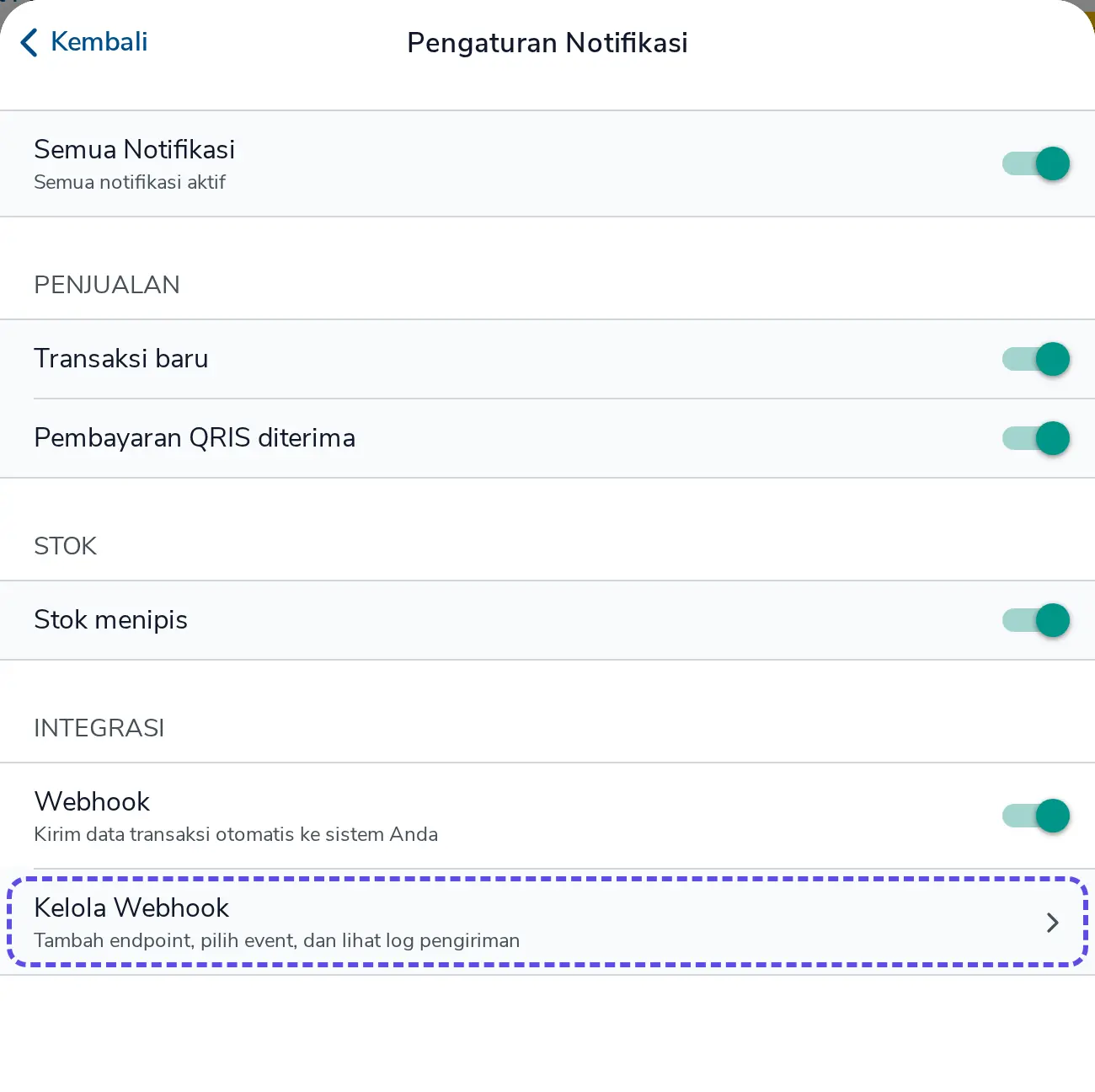Menu Kelola Webhook setelah toggle Webhook aktif