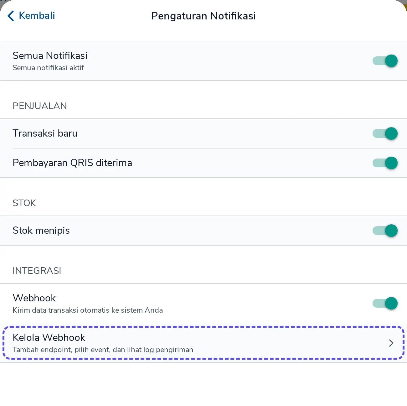 Menu Kelola Webhook setelah toggle Webhook aktif