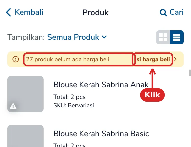 Daftar Produk dengan garis kuning 27 produk belum ada harga beli dan tombol Isi harga beli