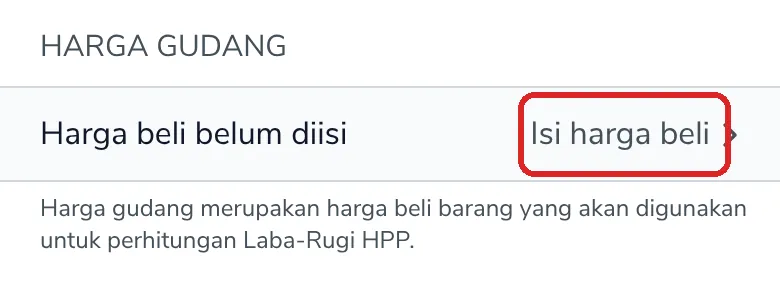 Bagian Harga Gudang dengan baris Harga beli belum diisi dan tombol Isi harga beli