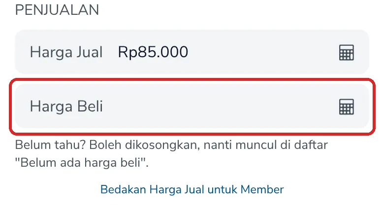 Form Produk Baru dengan kolom Harga Beli yang masih kosong di bawah Harga Jual Rp85.000