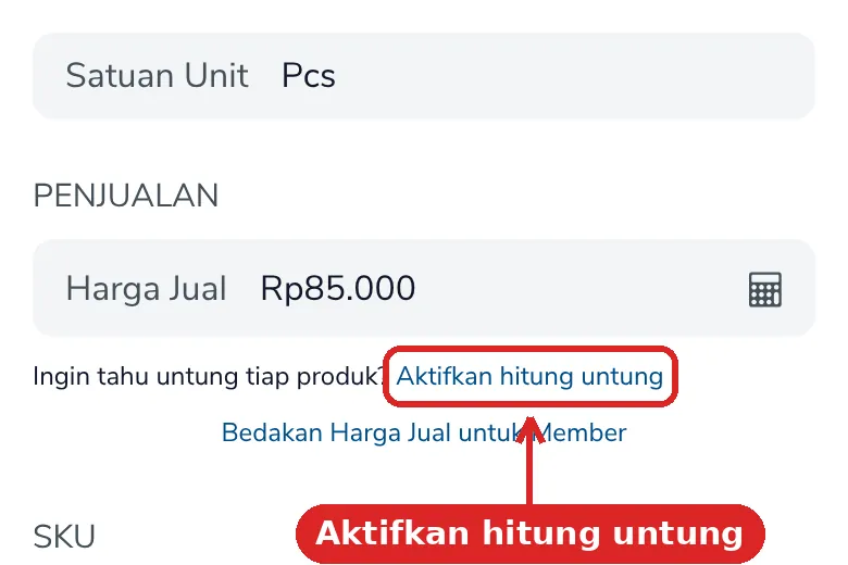 Form Produk Baru dengan tulisan Ingin tahu untung tiap produk? Aktifkan hitung untung