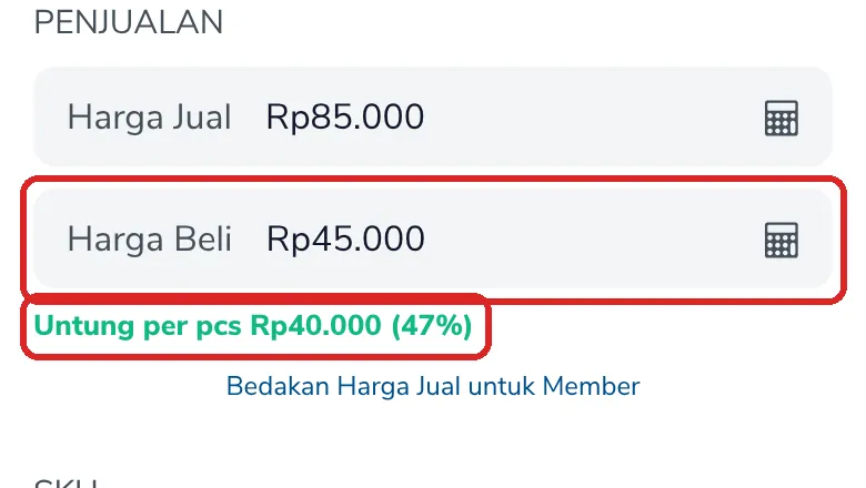Harga Beli Rp45.000 terisi dengan tulisan Untung per pcs Rp40.000 (47%)