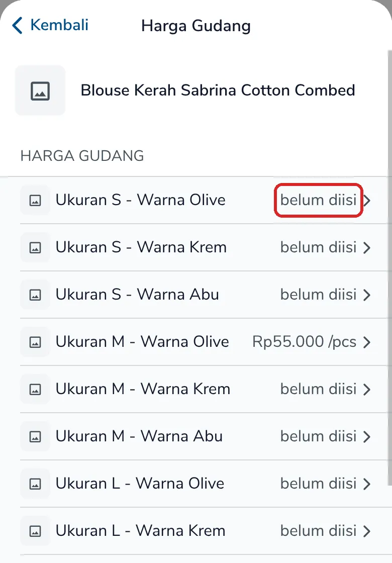 Layar Harga Gudang: Ukuran M Warna Olive Rp55.000 per pcs, ukuran dan warna lain belum diisi
