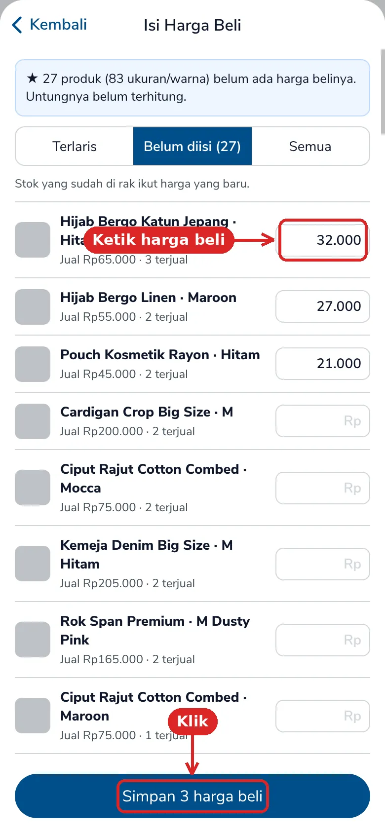 Tiga harga beli terisi dan tombol Simpan 3 harga beli yang ditandai