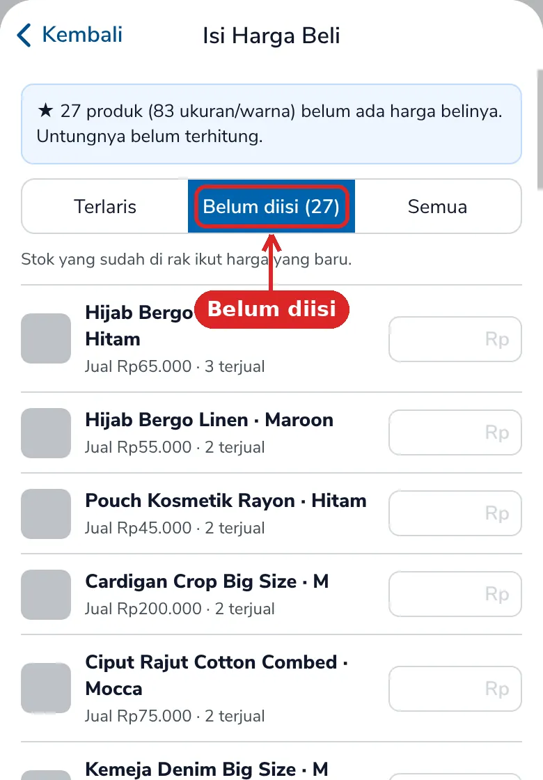Layar Isi Harga Beli dengan tab Belum diisi (27) yang ditandai