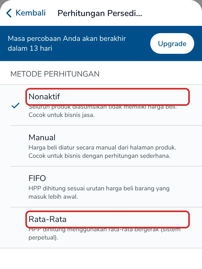 Layar Perhitungan Persediaan dengan Nonaktif tercentang dan pilihan Rata-Rata yang ditandai