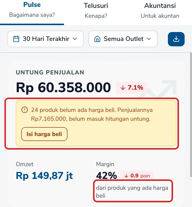 Pulse dengan catatan 24 produk belum ada harga beli dan tulisan margin dari produk yang ada harga beli