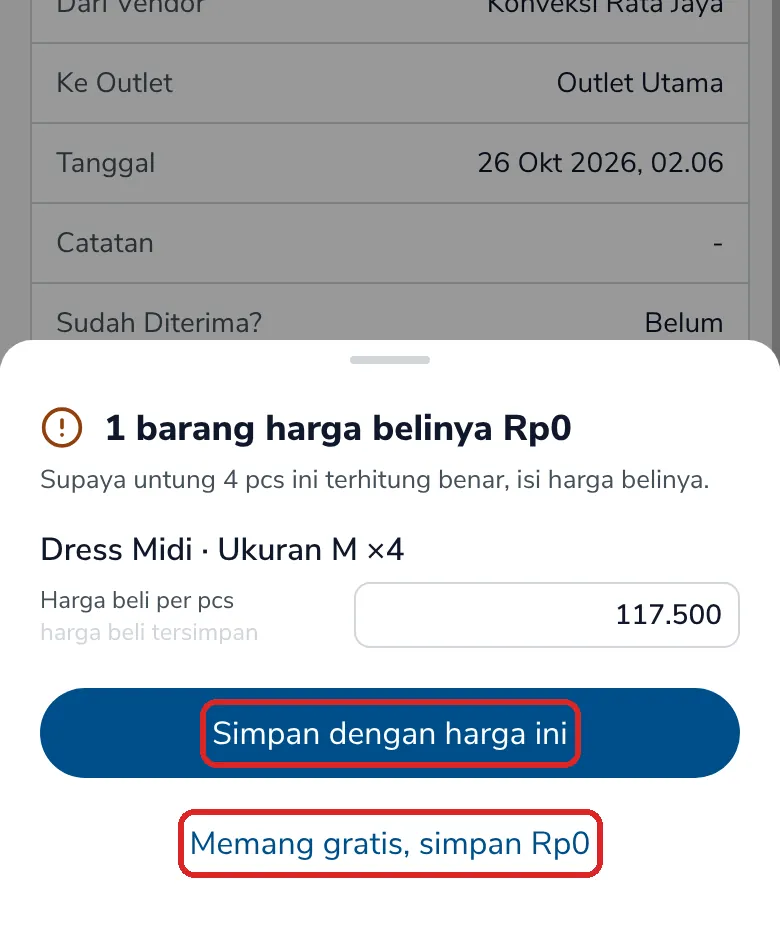Lembar 1 barang harga belinya Rp0 dengan tombol Simpan dengan harga ini dan Memang gratis, simpan Rp0