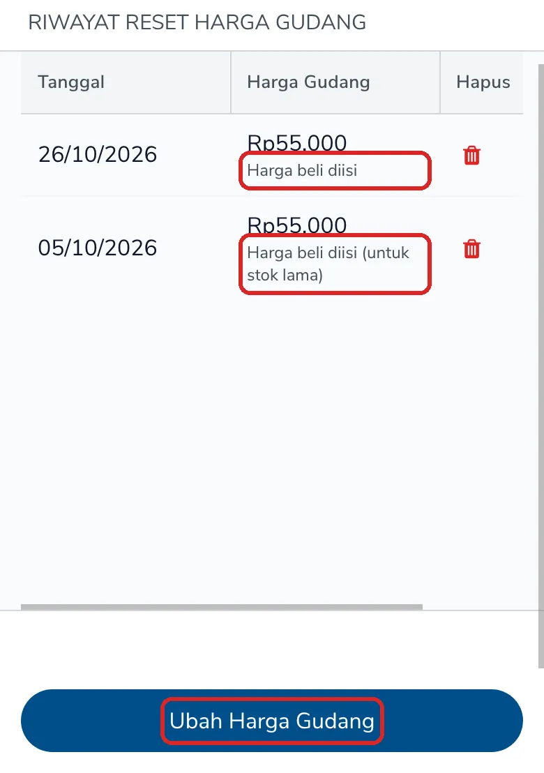 Riwayat reset harga gudang: Harga beli diisi dan Harga beli diisi untuk stok lama, dengan tombol Ubah Harga Gudang
