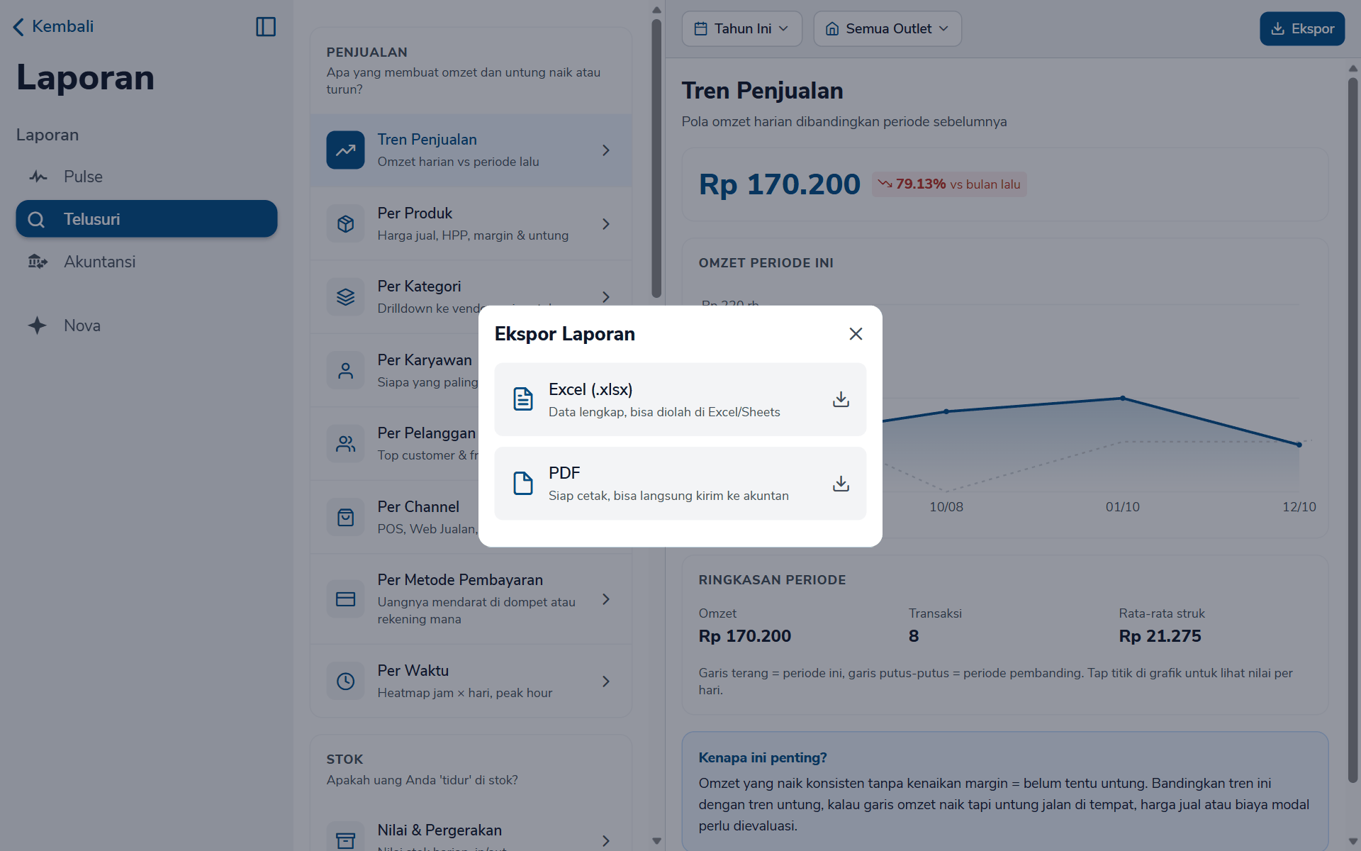 Dialog Ekspor Laporan dengan pilihan Excel dan PDF