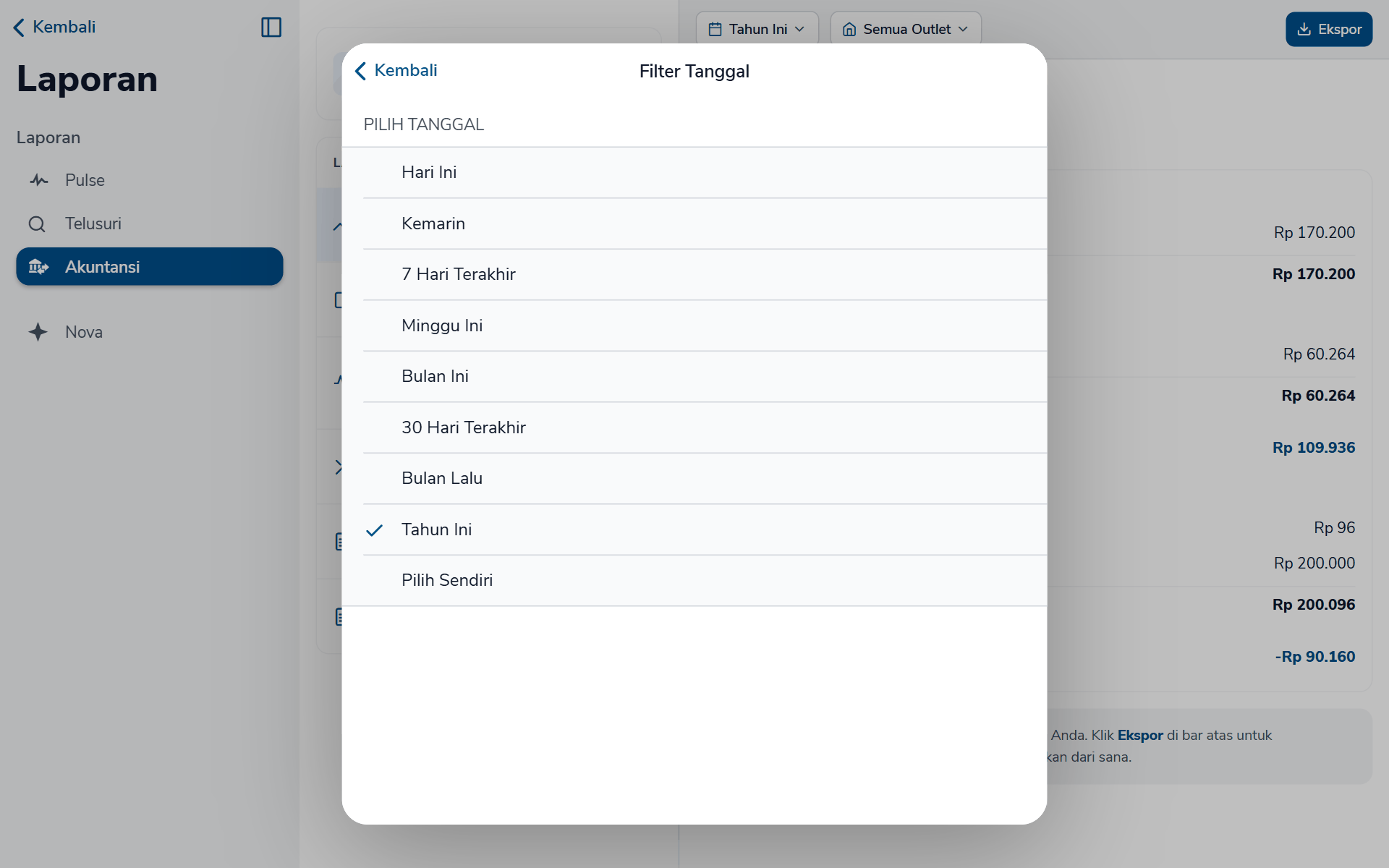 Layar Filter Tanggal dengan pilihan Hari Ini sampai Pilih Sendiri