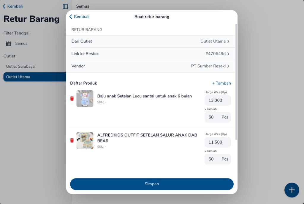 Form Buat retur barang untuk Outlet Utama, restok #470649d, dan vendor PT Sumber Rezeki