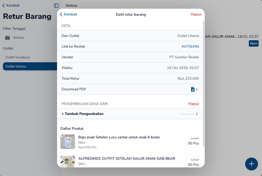 Detail retur barang dengan total Rp1.225.000 dan dua produk masing-masing 50 Pcs