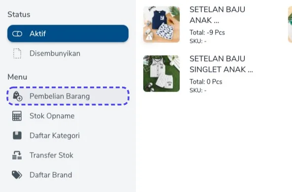 Menu Produk dengan baris Pembelian Barang