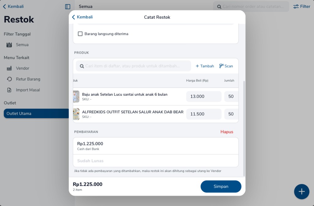 Dua produk restok dengan harga beli, jumlah 50, dan pembayaran Cash dari Bank
