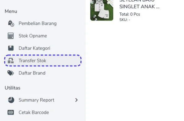 Menu Produk dengan baris Transfer Stok