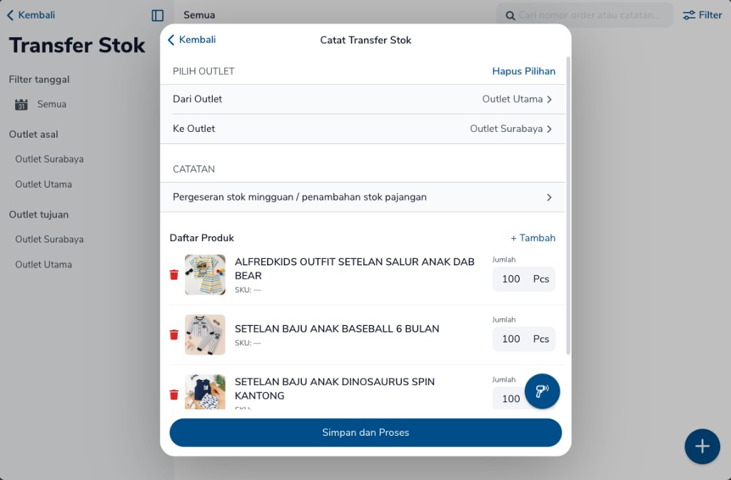 Form Catat Transfer Stok dari Outlet Utama ke Outlet Surabaya dengan catatan dan daftar produk