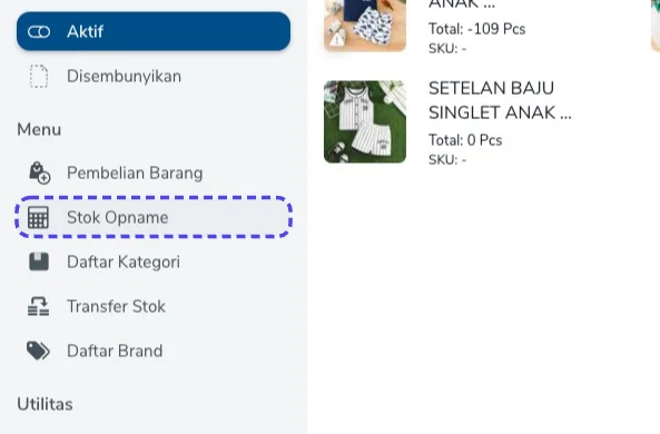 Menu Produk dengan baris Stok Opname
