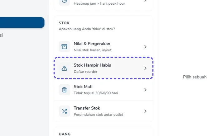 Menu Laporan dengan baris Stok Hampir Habis