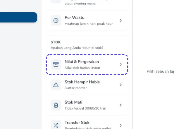Menu Laporan dengan baris Nilai dan Pergerakan