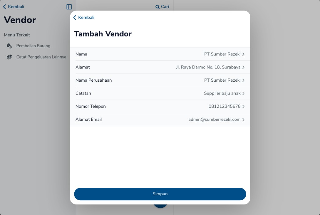Form Tambah Vendor untuk PT Sumber Rezeki