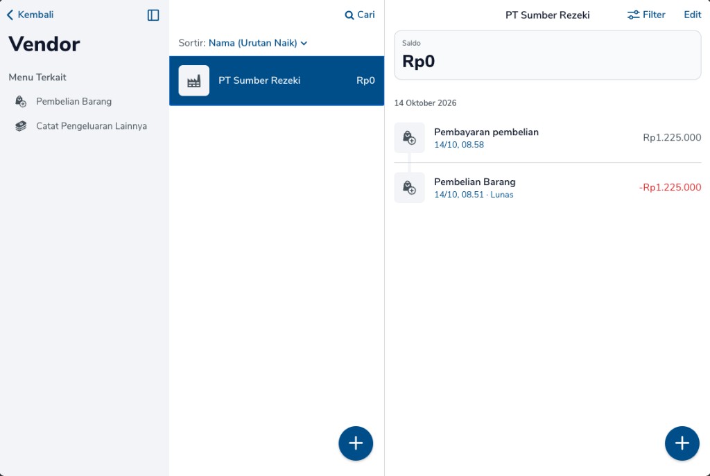 Detail vendor PT Sumber Rezeki dengan saldo Rp0, pembayaran pembelian, dan pembelian barang lunas