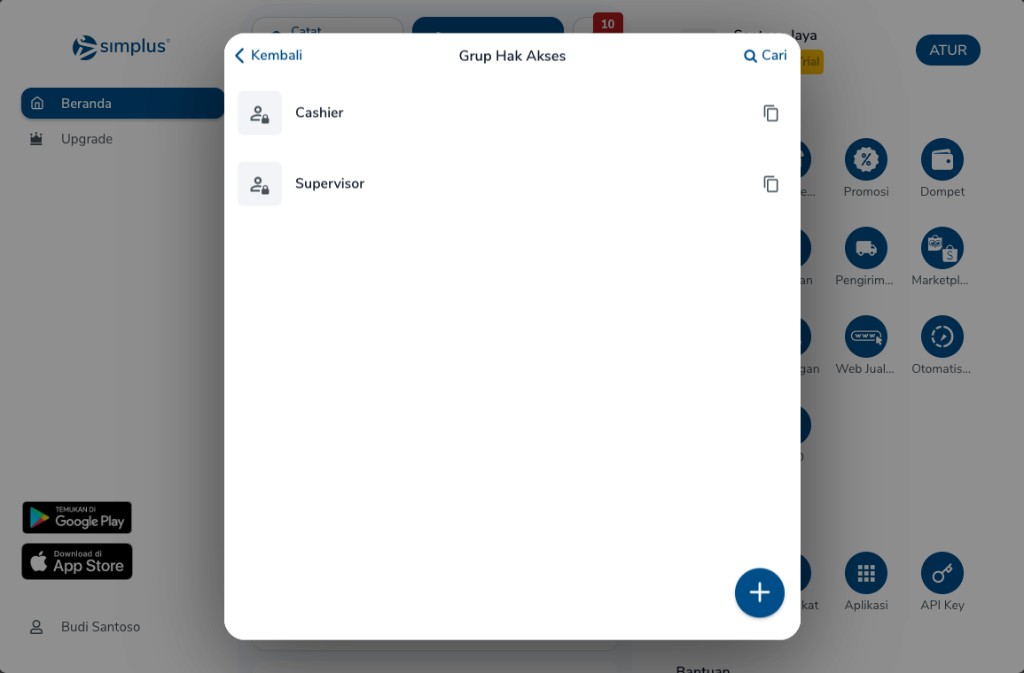 Daftar grup Cashier dan Supervisor dengan Cari, ikon di kanan tiap baris, dan tombol tambah