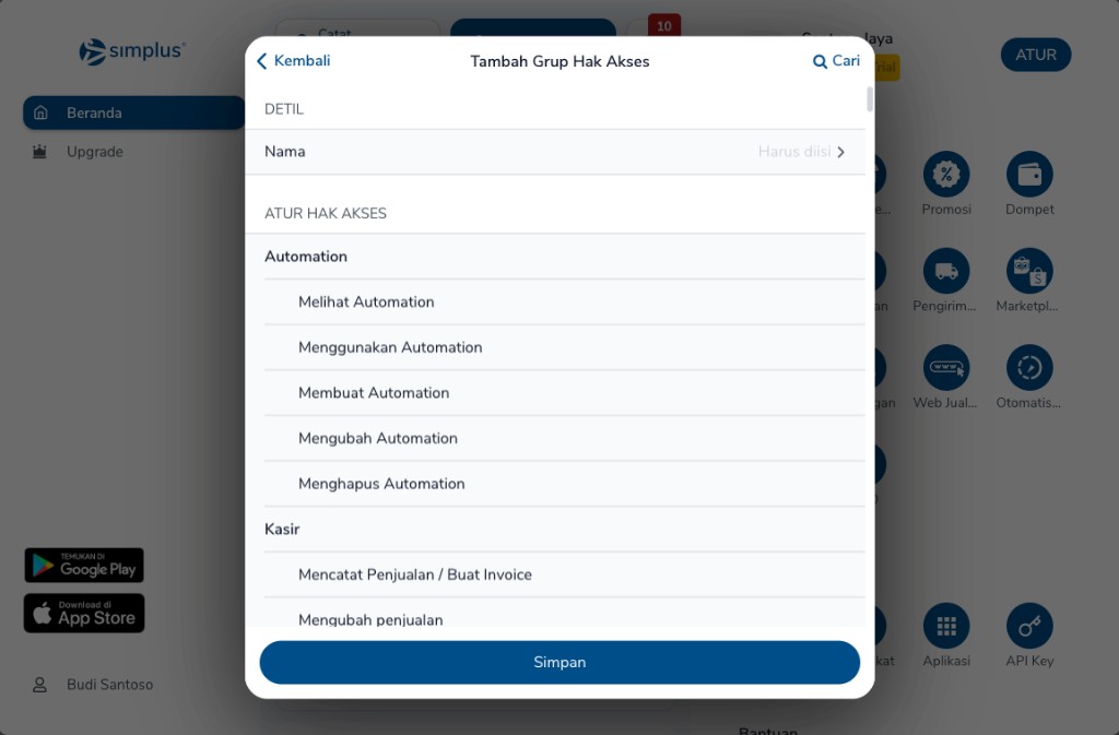 Form Tambah Grup Hak Akses dengan Nama belum diisi dan daftar izin Automation serta Kasir