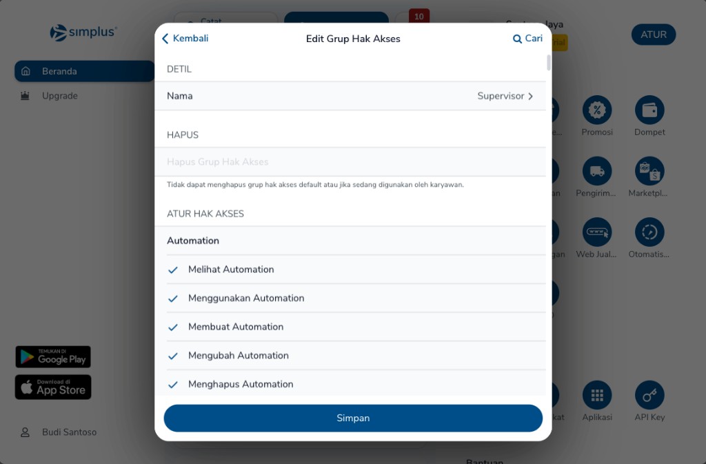 Edit grup Supervisor dengan izin Automation tercentang dan catatan hapus