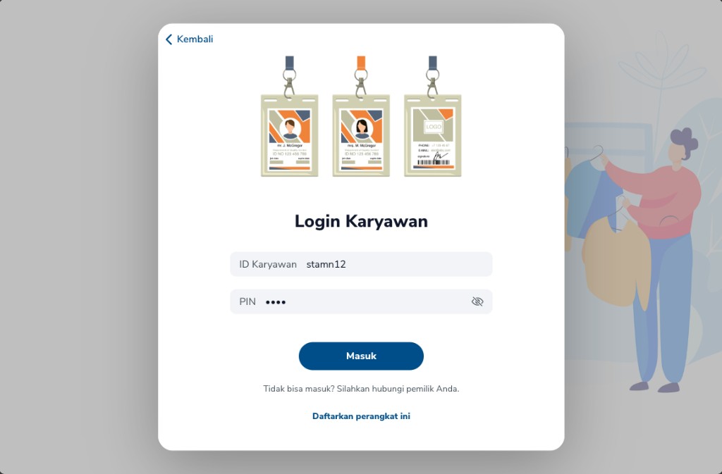 Login Karyawan dengan ID Karyawan terisi, PIN tertutup titik, dan tombol Masuk